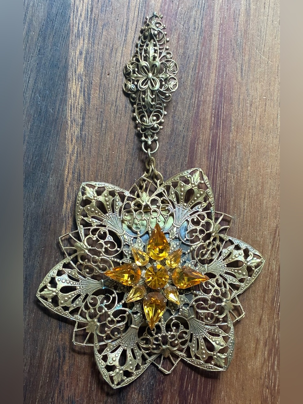 Vintage Gold Tone Filigree Brooch with Amber Stones Perfume Holder Large